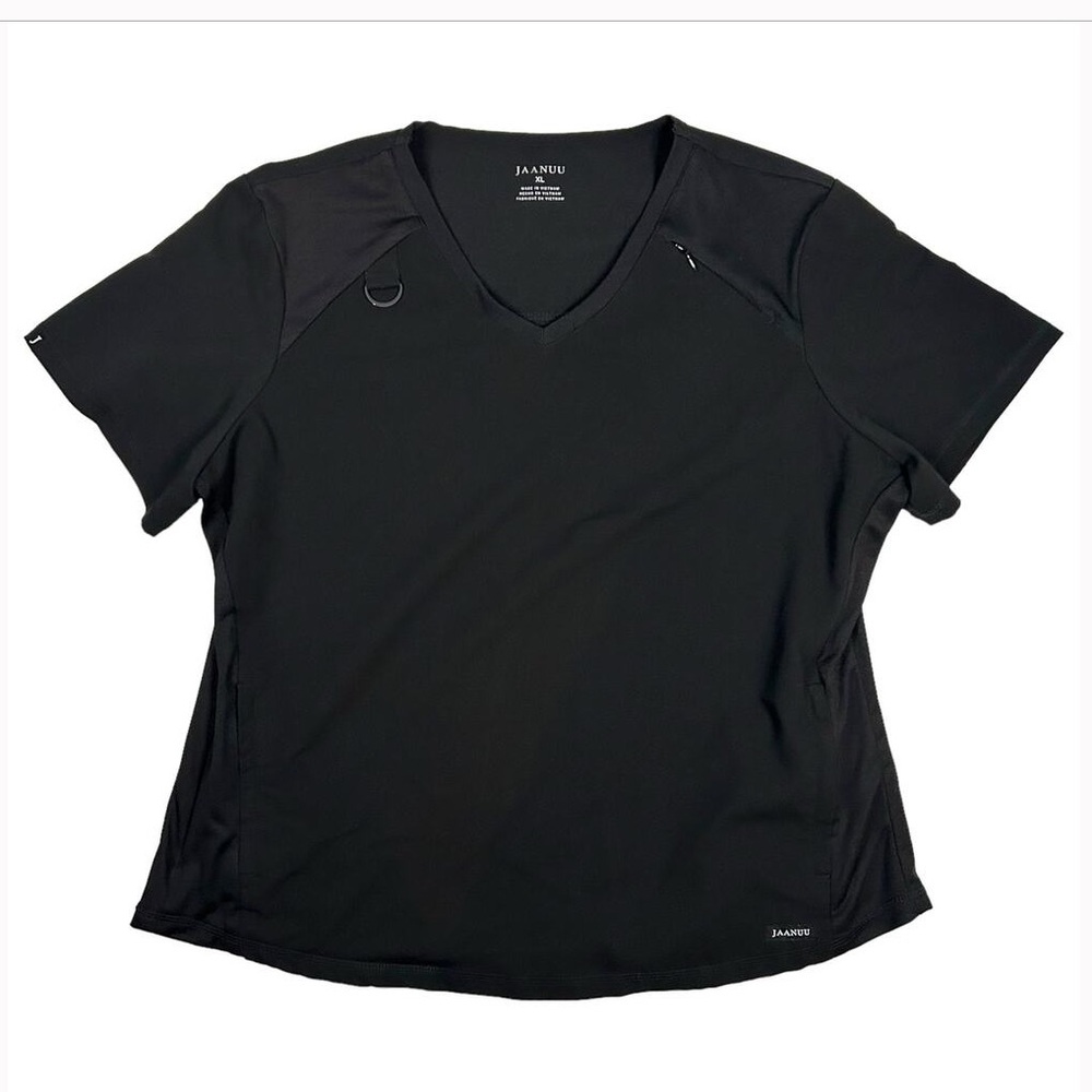 Jaanuu •  V Neck Mesh Panel Scrub Top Zip Pockets D Ring Black - L
